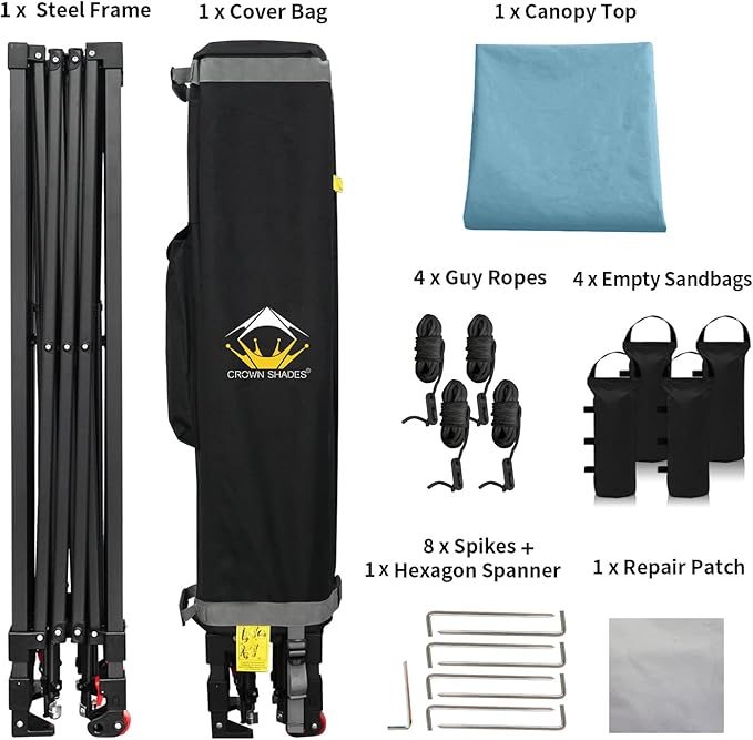 CROWN SHADES 10x10 Pop Up Canopy Tent - Patented Center Lock One Push Instant Outdoor Canopy Beach Tent with STO-N-Go Bag 8 Stakes & 4 Sand Bags，Cyan Blue