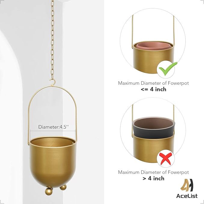 AceList Boho Gold Metal Hanging Planters, Set of 2 with Hooks & Chains - Versatile Wall & Ceiling Plant Hangers for Indoor/Outdoor Décor