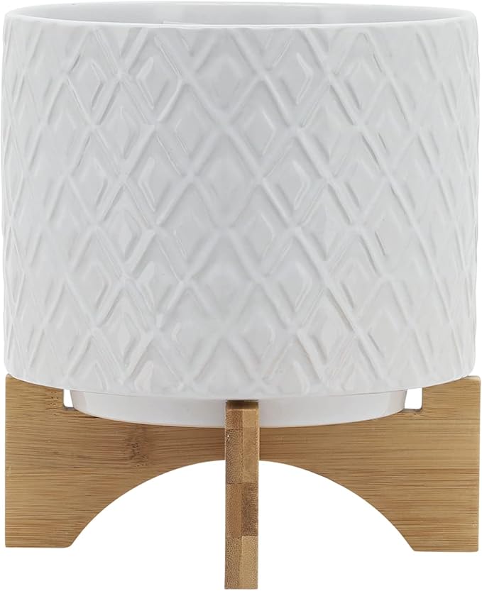 8" Ceramic Planter Stand, White Diamond Design with Wooden Base, Indoor/Outdoor Planter with Stand for Your Succulents and Small Plants