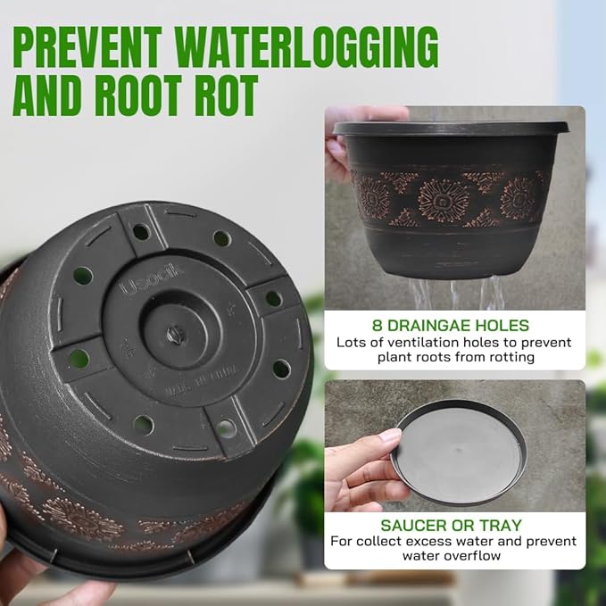 6 Pack 8 inch Plant Pots, Retro Pattern Planters with Drainage Holes and Saucer, Sturdy Plastic Garden Flower Pots for Indoor & Outdoor Plants