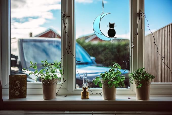 Black Cat Stained Glass Suncatcher,Cat Memorial Gifts for Loss of Cat,Cat Mom Gifts,Cat Sympathy Gifts for Cat Lovers,Window Hanging Ornament