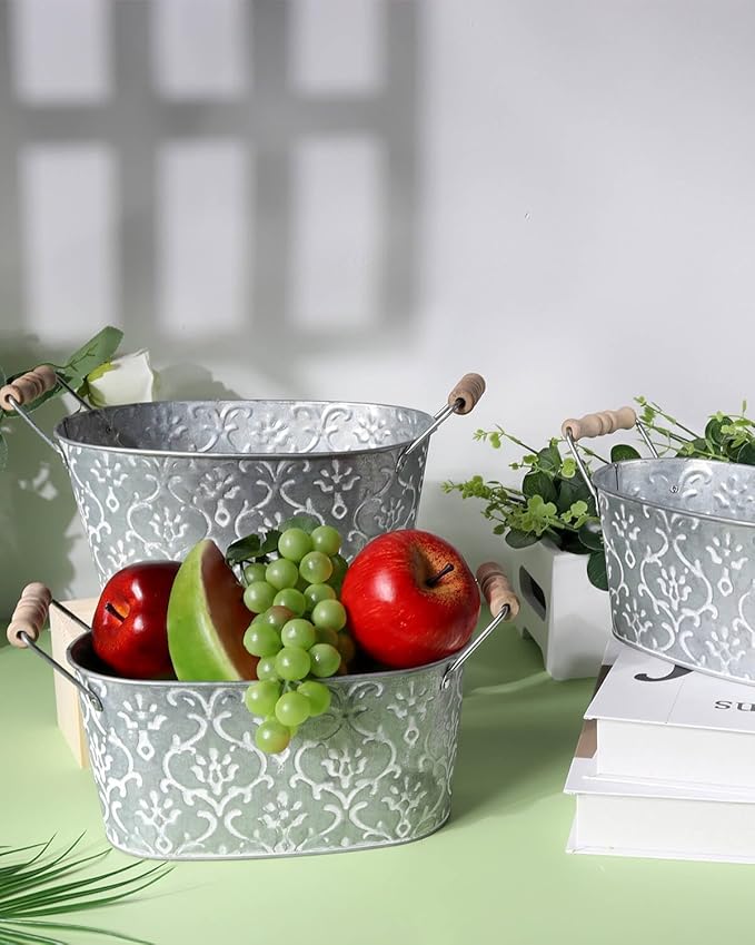 Galvanized Oval Planter Tubs for Outdoor Plants - Farmhouse Small Metal Tin Buckets with Drain Hole & Rubber Plug Medium Plant Containers with handles vintage style for decor, Set of 3(Flower Pattern)