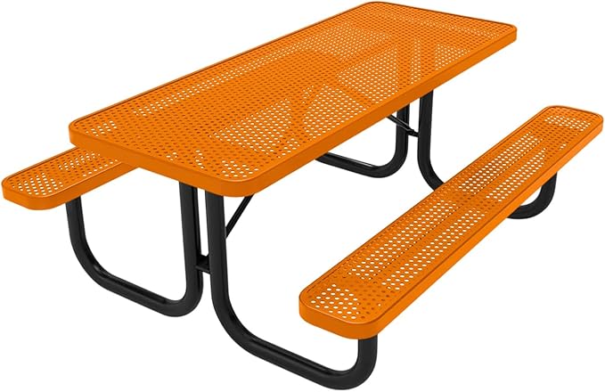 Coated Outdoor Furniture Heavy-Duty Portable Outdoor Picnic Table, Thermoplastic Coated Punched Steel Commercial-Grade Patio Dining Furniture Made in America (6ft Rectangular, Orange)