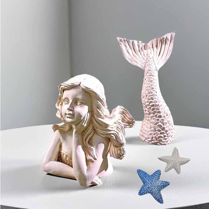 BGBWBFBR Handmade Mermaid Statue Set with Blue and White Starfish: A Beautiful Addition to Your Home Décor, ry-001