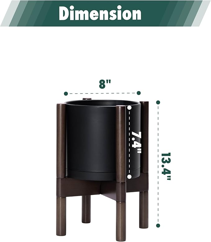 D'vine Dev Planter Pot with Stand - 8 Inch Plastic Cylinder Flower Pot with Wood Planter Holder for Indoor, Matte Black Pot + Walnut Color Stand, 55-C-I-2