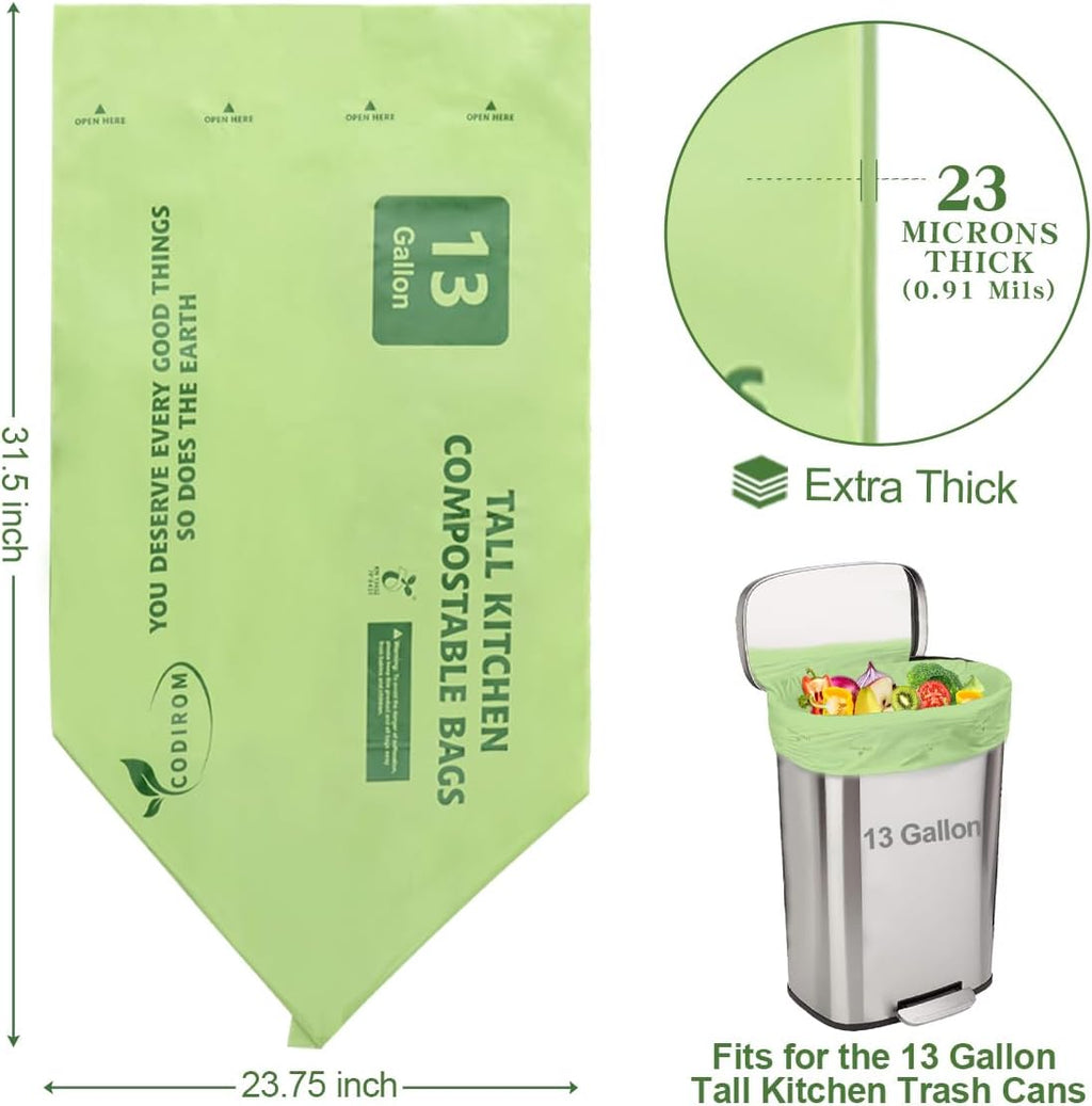 100% Compostable Trash Bags, 13 Gallon, 49.2 Liter, 0.91 Mils, 65 Count Kitchen Tall Food Scrap Compost Bags for Tall Kitchen Trash Cans with Europe EN13432 Certified