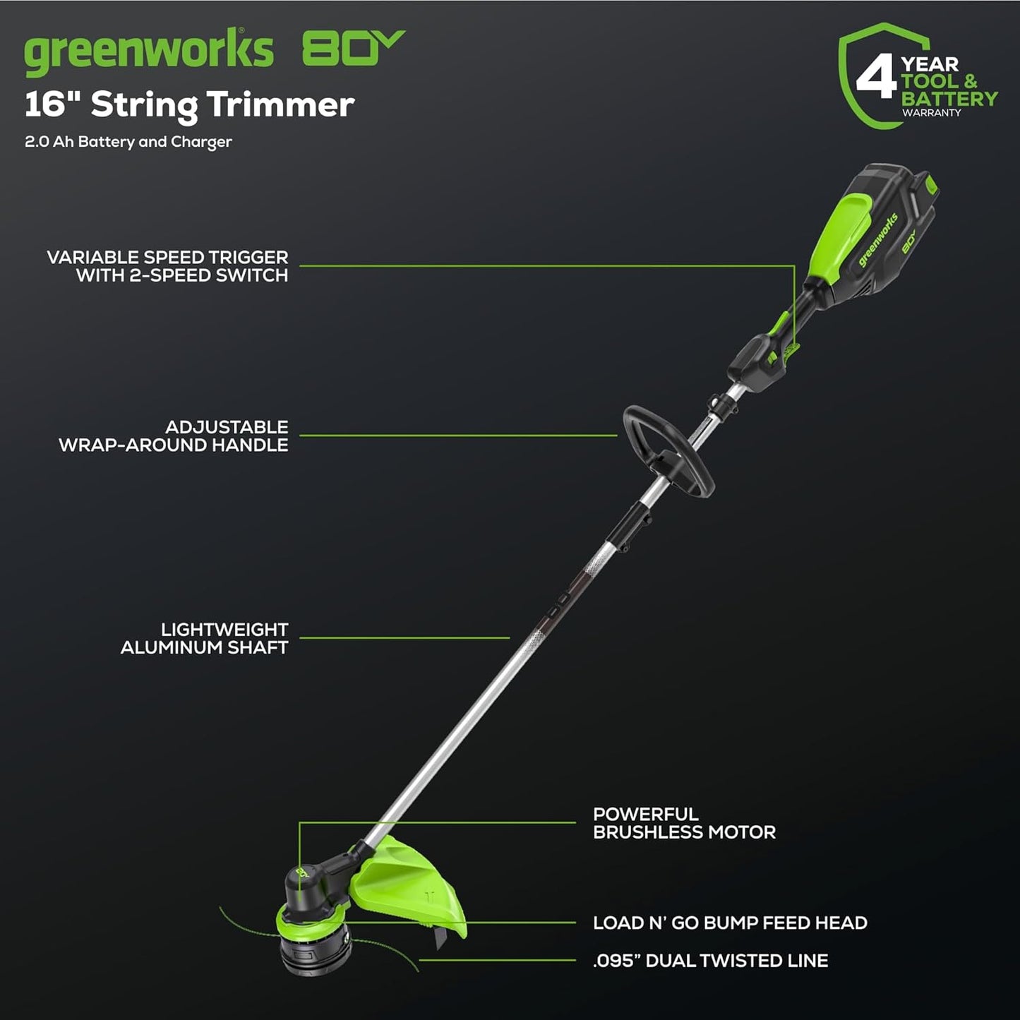 Greenworks 80V 16" Brushless Cordless String Trimmer, 2.0Ah Battery and Charger Included
