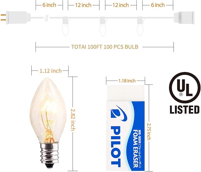 C9 Clear Christmas String Light Set, 100 Feet Vintage Christmas Tree Lights, Outdoor Roofline String Lights with 100 Clear Bulbs for Patio Garden Holiday Indoor Home Decorating, Not Connectable