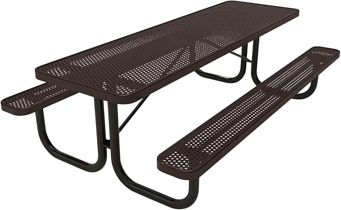 Coated Outdoor Furniture Heavy-Duty Portable Outdoor Picnic Table, Thermoplastic Coated Punched Steel Commercial-Grade Patio Dining Furniture Made in America (8ft Rectangular, Brown)