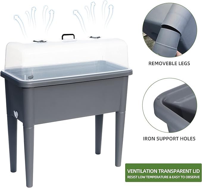 Dexceder 13.2 Gallon Self Watering Raised Garden Bed with Ventilation Transparent Lid Greenhouse, Deepen Vegetable Flower Box Planter Pot with Removeble Legs & Water Level Indicator (Deep Gray)