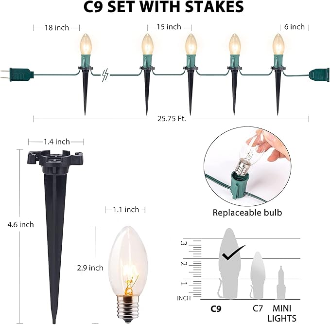 C9 Christmas Lights Outdoor, 25.7 Ft 20 Bulbs Christmas Pathway Lights, Waterproof Walkway Lights for Outside Driveway Sidewalk Outdoor Christmas Decorations Yard, Clear