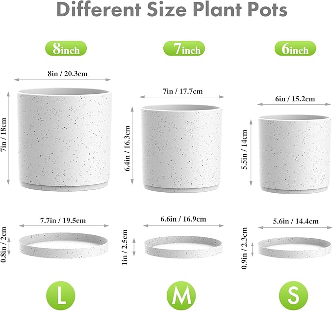 8/7/6 inch Flower Pots, 3 Set Cylindrical Plant Pots for Outdoor Indoor Plants, Decorative Plastic Planters with Drainage Holes and Saucers for Garden House Plants, White with Black Speckles