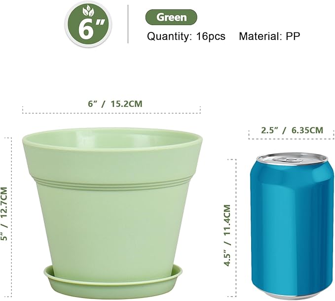 6 inch Plastic Nursery Pots, Seedling Pots, 16 Pack Plant Pots for Small Indoor Outdoor Plants, Flower Pots with Drainage Holes and Saucers, Decorative Planters for House Plants, Green