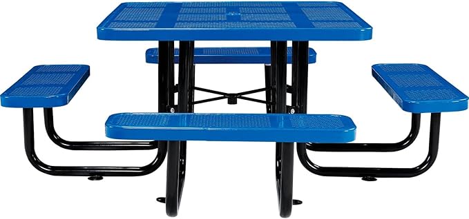 Global Industrial 46" Square Picnic Table, Perforated Metal, Blue Thermoplastic Coating, Attached Benches, 1-1/2” Umbrella Pole Hole, Outdoor-Rated, 1200 lb Capacity