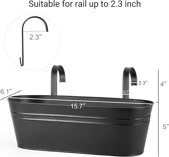 Dahey 3 Pcs Metal Hanging Flower Pots for Railing Fence Outdoor Planter 15.7 Inch Hanging Bucket Pots Countryside Window Flower Plant Holder with Detachable Hooks for Garden Yard Home Decor,Black