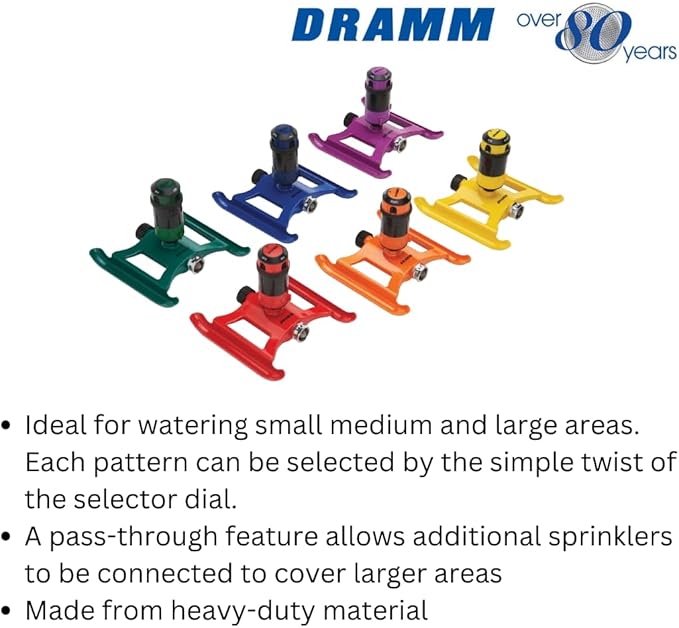 Dramm ColorStorm Gear Drive Sprinkler on Heavy Duty,Durable Metal Base, 4 Patterns, Ideal for Small, Medium & Large Areas with Pass Through Feature, Red, 40 Foot Diameter