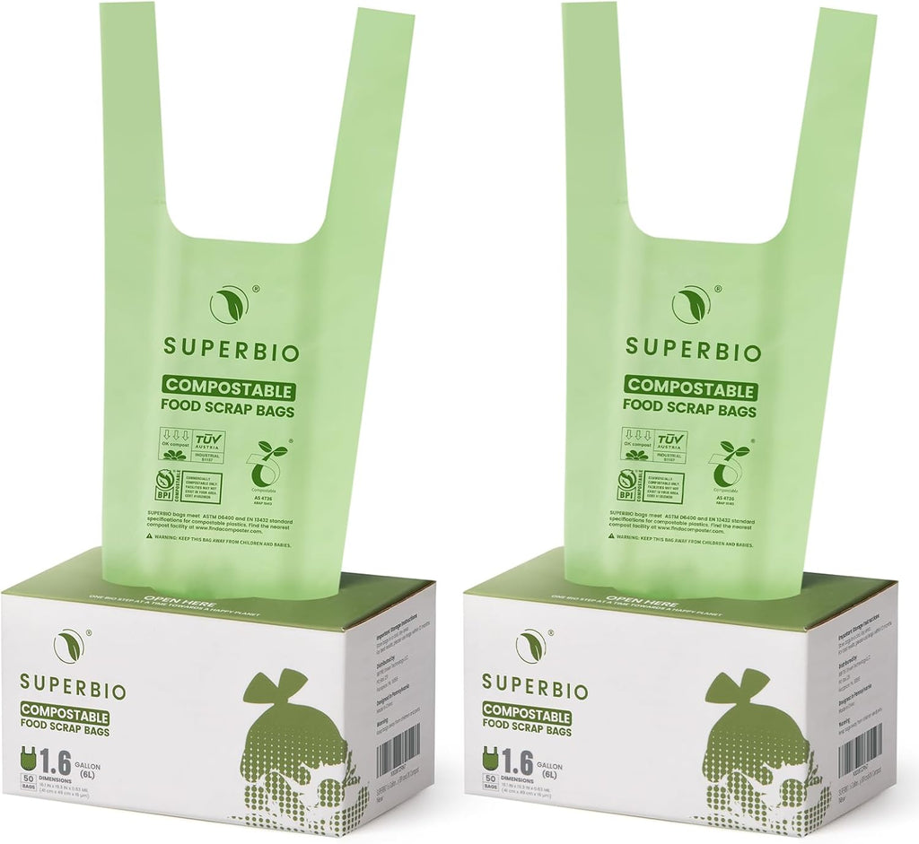 SUPERBIO 1.6 Gallon Handle Tie Compostable Food Scrap Bags, Small Compost Bags with Handles, 50 Count, 2 Pack, BPI & OK compost INDUSTRIAL