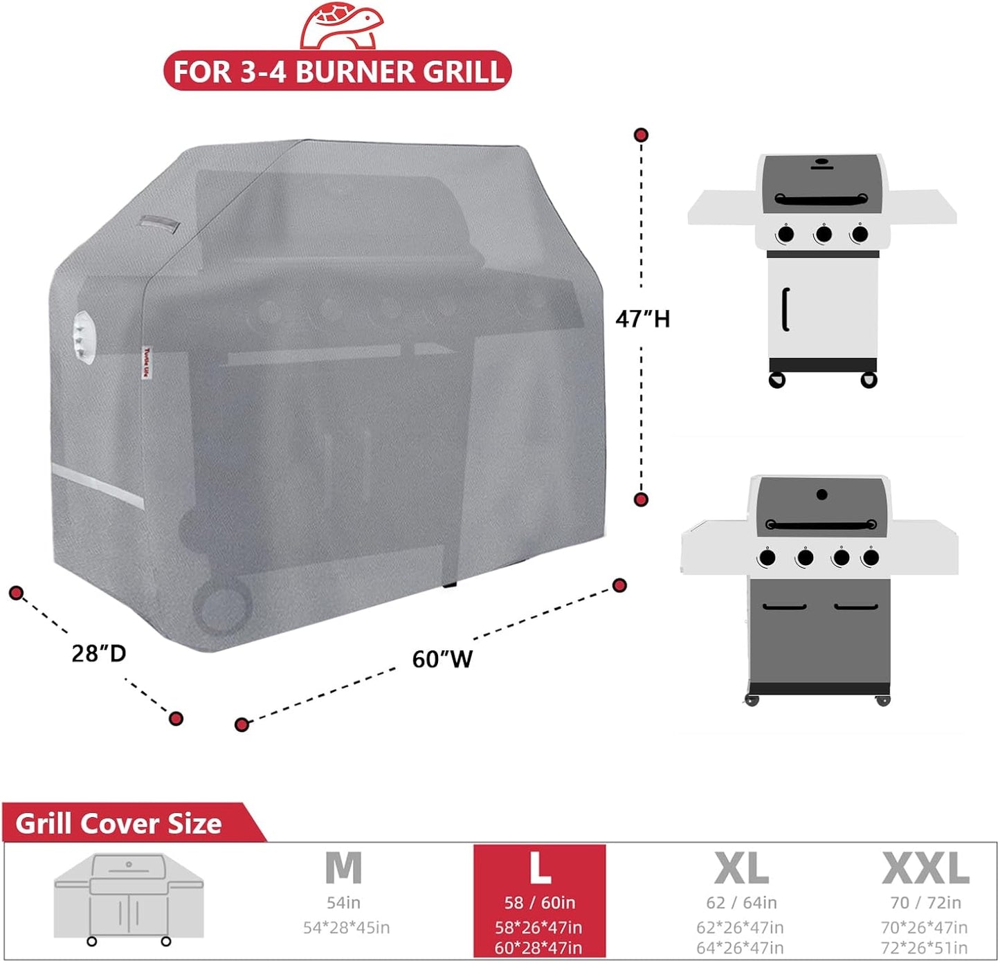 BBQ Grill Cover, 60 Inch Heavy Duty Waterproof 3-4 Burner Barbecue Gas Grill Covers for Weber Genesis Char-Broil Brinkmann, Gray