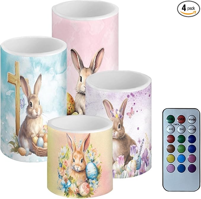 Flameless Light Candles Home Ornaments Battery Operated Candles with Color Changing Timer Remote Control Fake Pillar Candles Tealights Easter Home Decoration, Easter Bunny Colorful