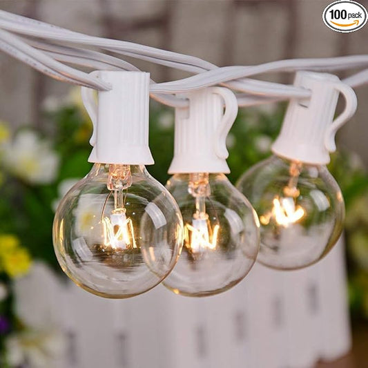 G40 100FT Globe String Lights with 102 Clear Bulbs Indoor Outdoor Patio, Market, Cafe, Garden, Birthday, Wedding Backyard String Lights-5 Watt/120 Voltage/E12 Base -White Wire