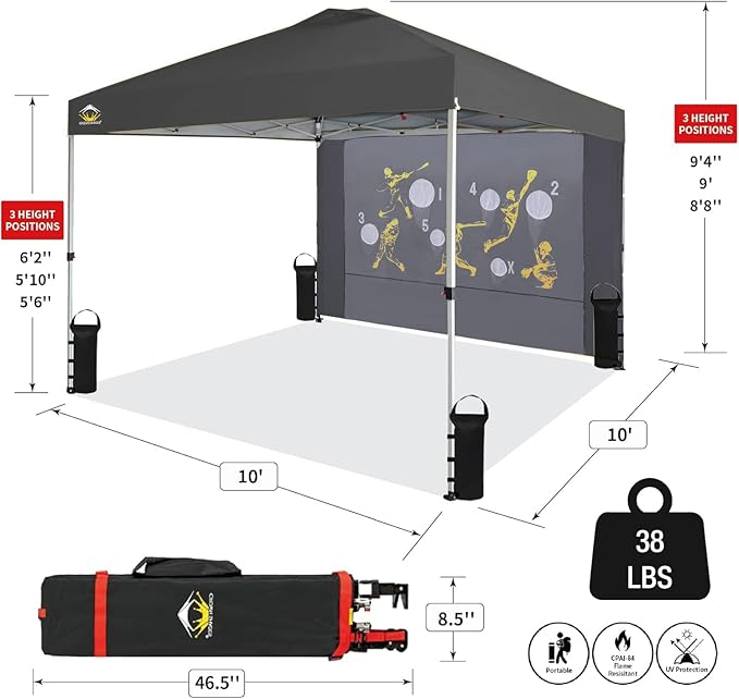 CROWN SHADES 10x10 Pop Up Canopy Tent with Game Netting - Beach Tent with One Push Setup - Outdoor Sun Shade for Events, Parties, Camping with STO-N-Go Cover Bag, Silver Coated Top, Grid Grey