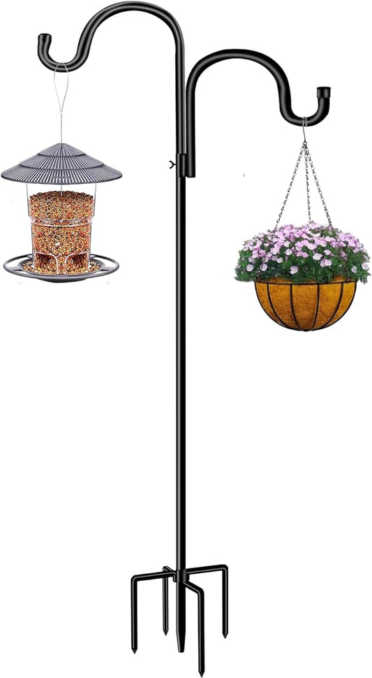Double Shepherds Hook for Outdoor,94 Inch Bird Feeder Pole with 5 Prongs Base,Adjustable Heavy Duty Garden Hanging Holder for Hanging Plant,Solar Light,Weddings Decor,Hummingbird Feeder（1 Pack）