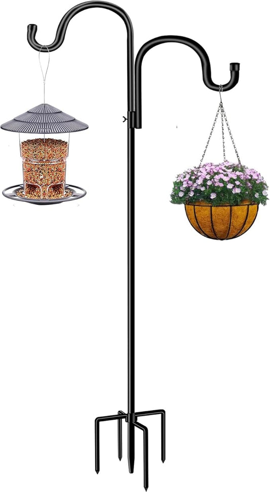 Double Shepherds Hook for Outdoor,62 Inch Bird Feeder Pole with 5 Prongs Base,Adjustable Heavy Duty Garden Hanging Holder for Hanging Plant,Solar Light,Weddings Decor,Hummingbird Feeder(1 Pack)