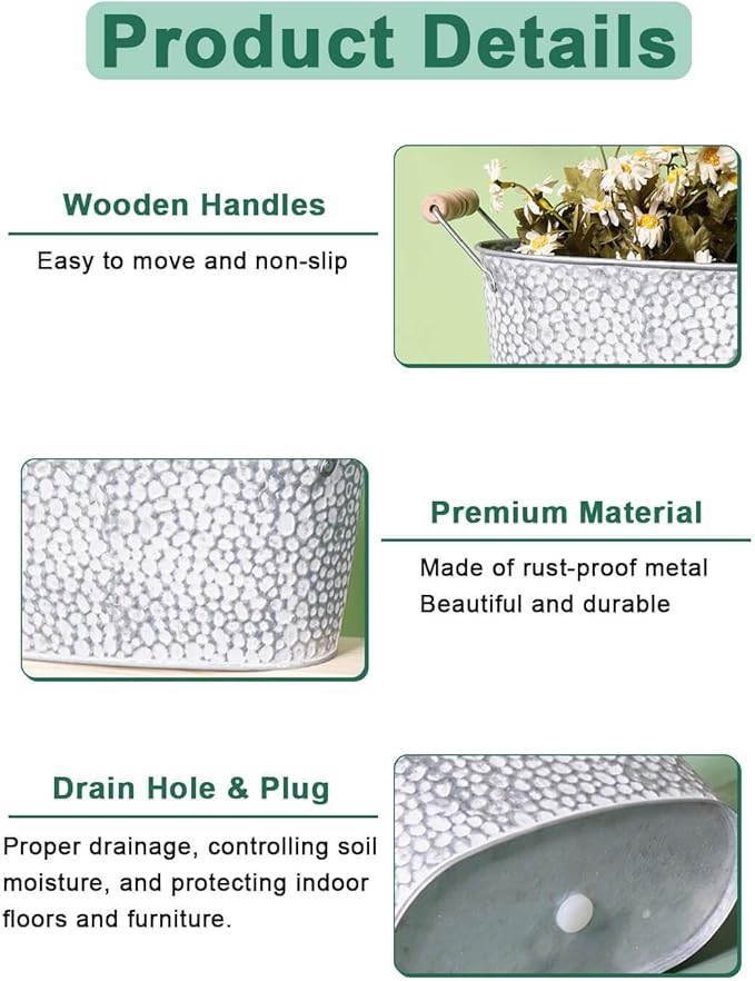 Galvanized Oval Planter Tubs for Outdoor Plants - Farmhouse Small Metal Tin Buckets with Drain Hole & Rubber Plug Medium Plant Containers with handles vintage style for decor, Set of 3 (Stone Pattern)