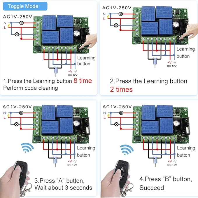QIACHIP Universal 12V 4CH Wireless Relay Remote Module Switch RF 433Mhz with Remote Control Key Fob 2 Transmitters 1 Receiver for Light Garage Door Electric Gate,Momentary Toggle Latched(KR1204)