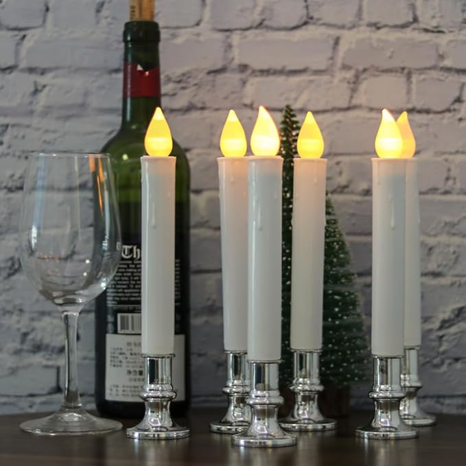 DRomance 9" Flameless Window Taper Candles Battery Operated with 8-Key Remote and Timer, 4 Pack White Christmas Holdiay Window Candles with Silver Holders, Suction Cups and AA Batteries Included