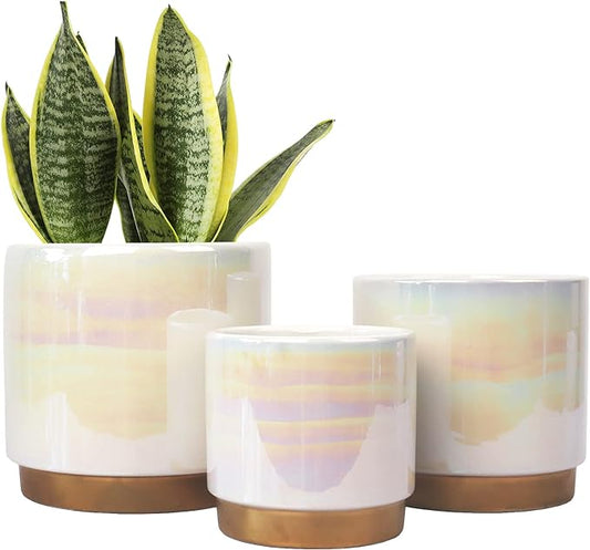 Gepege White Indoor Pots for Plants, Ceramic Planter with Drainage Hole, 6.0 inch+5.0 Inch+4.0 Inch. Succulent Orchid Flower Pot - Rainbow Pearl Glaze
