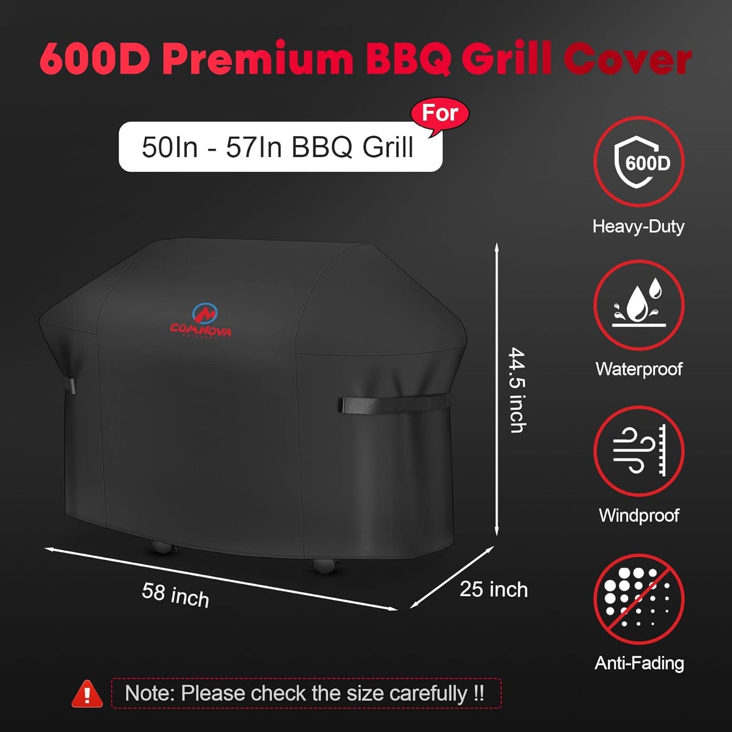 Comnova Grill Cover 58 Inch - 600D BBQ Gas Grill Cover Waterproof Heavy Duty, Premium Barbecue Covers for Weber Genesis 300 Series Grill, Char-Broil, Monument, Brinkmann, Dyna-glo, Nexgrill and More