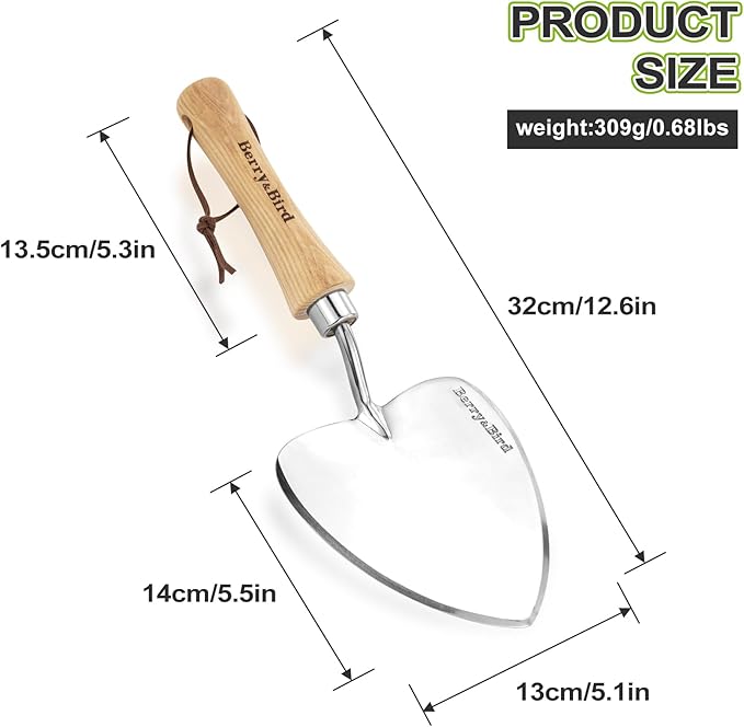 Berry&Bird Perennial Trowel, Oversized Garden Potting Trowel with Sharp Blade Wood Hand Shovel, Stainless Steel Planting Trowel Gardening Tool for Roots,Planting,Digging,Transplanting and Cutting