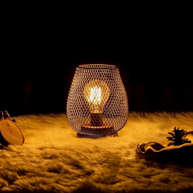 DECORKEY Set of 4 Battery Operated Lamp LED Table Lantern, Brown Metal Cage Cordless Lamps with LED Bulb，Vintage Decorative Outdoor Lantern for Weddings, Parties, Patio, Events for Indoors Shelf Decor