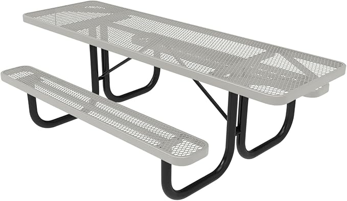 Coated Outdoor Furniture Heavy-Duty Portable ADA-Compliant Outdoor Picnic Table, Expanded Metal Patio Dining Furniture Made in America (8ft Rectangular, Both-Side Handicap, Grey)