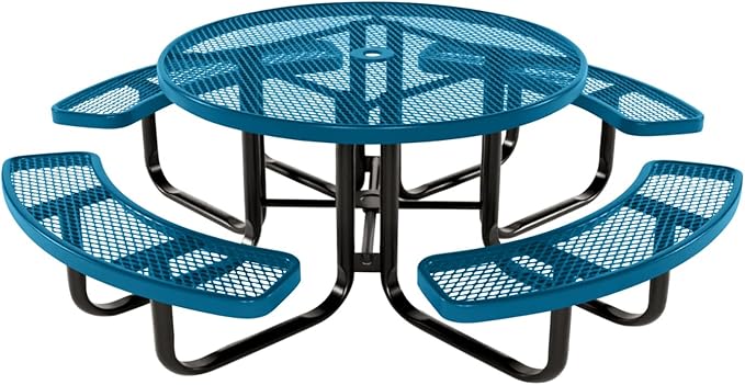 Coated Outdoor Furniture Heavy-Duty Portable Outdoor Kids Table with Umbrella Hole, Expanded Metal Kids Picnic Table, Commercial-Grade, Made in America (46 In, Round, Childrens, Light Blue)