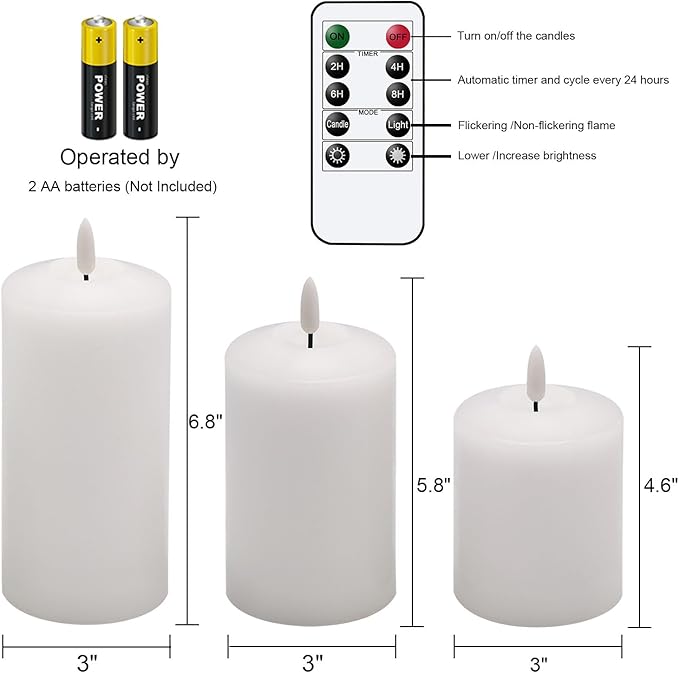 Battery Operated Flameless Candles with 3D Flickering Flame Wick, LED Pillar Candles with Remote Timer, Pack of 3 Real Wax Candles for Wedding Home Decor(White)