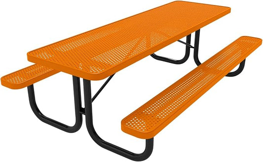 Coated Outdoor Furniture Heavy-Duty Portable Outdoor Picnic Table, Thermoplastic Coated Punched Steel Commercial-Grade Patio Dining Furniture Made in America (8ft Rectangular, Orange)