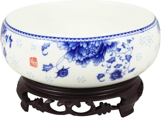 Ceramic Chinese Pot White Water Lily Bowl Ceramic Plant Pot Hydroponic for Garden Home Office-8Inch