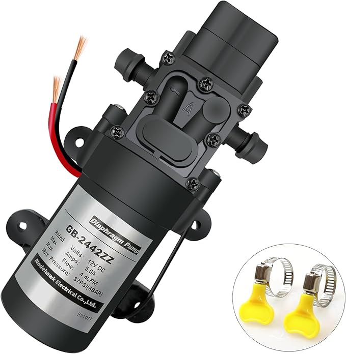DC 12V Diaphragm Pump, Self-Priming Sprayer Pump, 1.2 GPM 87 PSI Pressure Switch Adjustable water pump, With 2 hose clamps, for RV Camping Shower Garden Irrigation