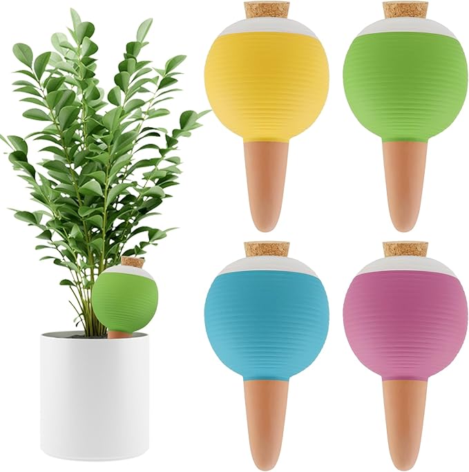 4Pcs Plant Watering Globes, Kalolary Large Terracotta Automatic Watering Stake Devices with Wooden Stopper for Pots, Planters, Indoor, Outdoor