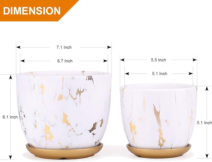 7 Inch Ceramic Plant pots (Set of 2), 7 Inch 5.5 Inch Modern Flower Planter, Gold Marble Gardening Pots with Drainage Hole and Saucer for Outdoor Indoor Yard Garden Home Office Decoration.