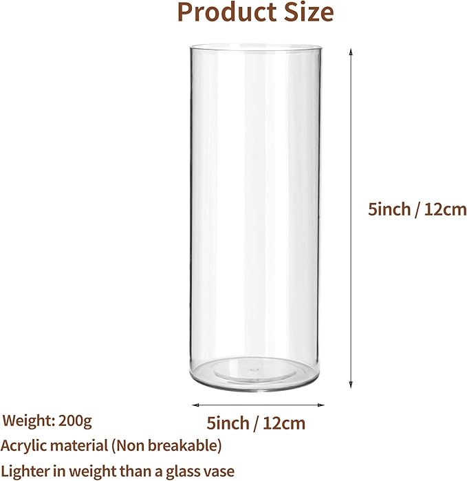 Clear Flower Vase, Non-breakable Vases, 5" W x 5" H, Acrylic Vase, Aesthetic Room Decor Cylindrical Modern Flower Vases for Table Centerpiece, Home Decor, Women Floral Arrangement Gift