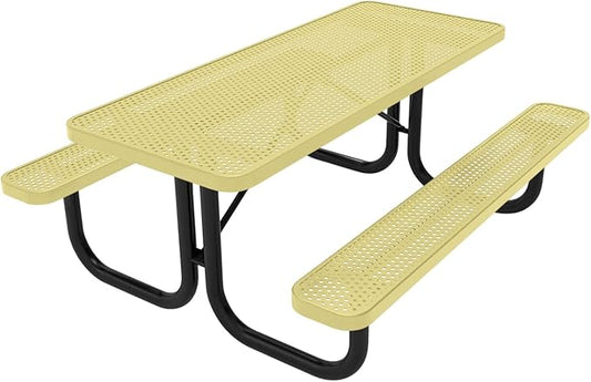 Coated Outdoor Furniture Heavy-Duty Portable Outdoor Picnic Table, Thermoplastic Coated Punched Steel Commercial-Grade Patio Dining Furniture Made in America (6ft Rectangular, Textured Sandstone)