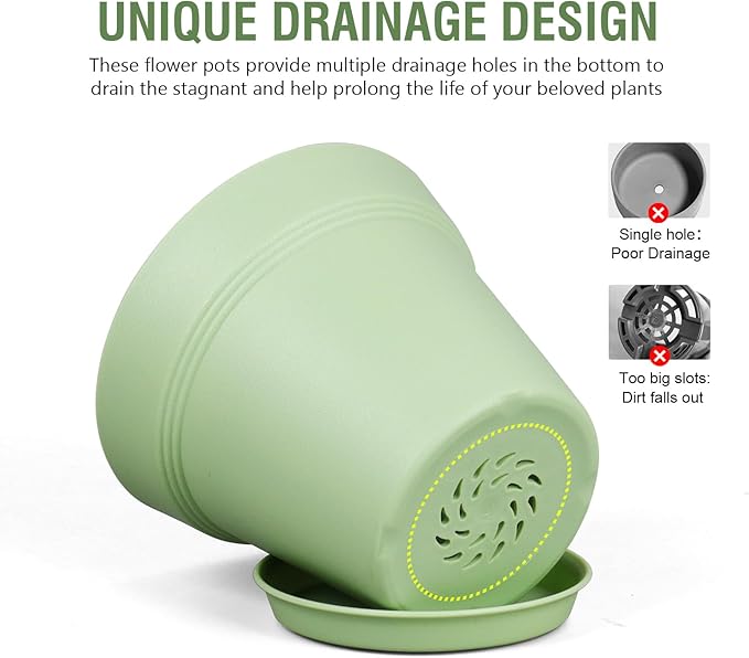 4 inch Small Plastic Nursery Pots, Seedling Pots - 16 Pack Plant Pots for Indoor & Outdoor Plants, Decorative Flower Pots with Drainage Holes and Saucers for House Plants, Green