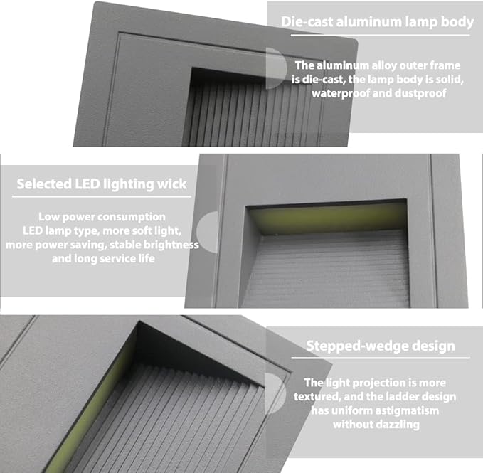 4Pack 3W LED Recessed Wall Light, 85-230V Step Lights Cool White 6000K, IP65 Waterproof Stair Light Staircase Light lamp, Inside Outside Garden Balcony Corridor, Aluminum, 120V Grey