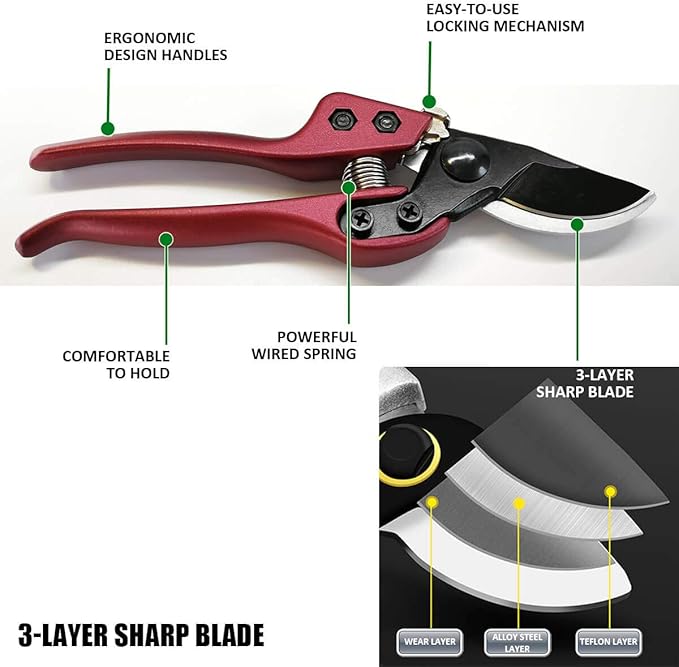 BUGUI 8" Heavy-Duty Pruning Shears, Professional Bypass Gardening Scissors, 1" Cutting Capacity, Sharp Garden Clippers with Low-friction Painted Stainless Steel Blade (Red)