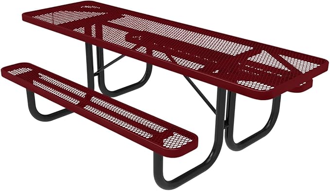 Coated Outdoor Furniture Heavy-Duty Portable ADA-Compliant Outdoor Picnic Table, Expanded Metal Patio Dining Furniture Made in America (8ft Rectangular, Both-Side Handicap, Burgundy)