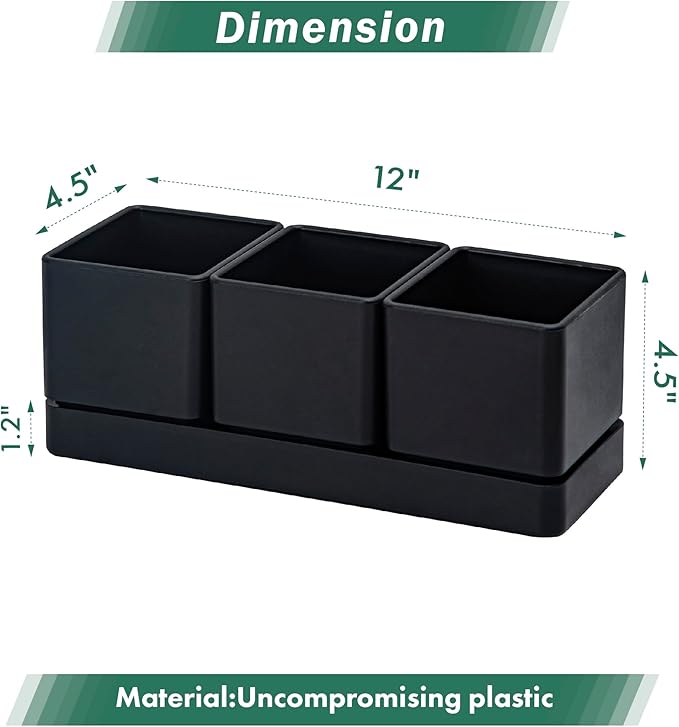 D'vine Dev Herb Garden Planter Set, Plastic Plant Pots with Drainage and Saucer, Indoor Succulent Cactus Vegetable Pot for Windowsill, Garden Balcony, Black, Set of 2, 76-V-B-2