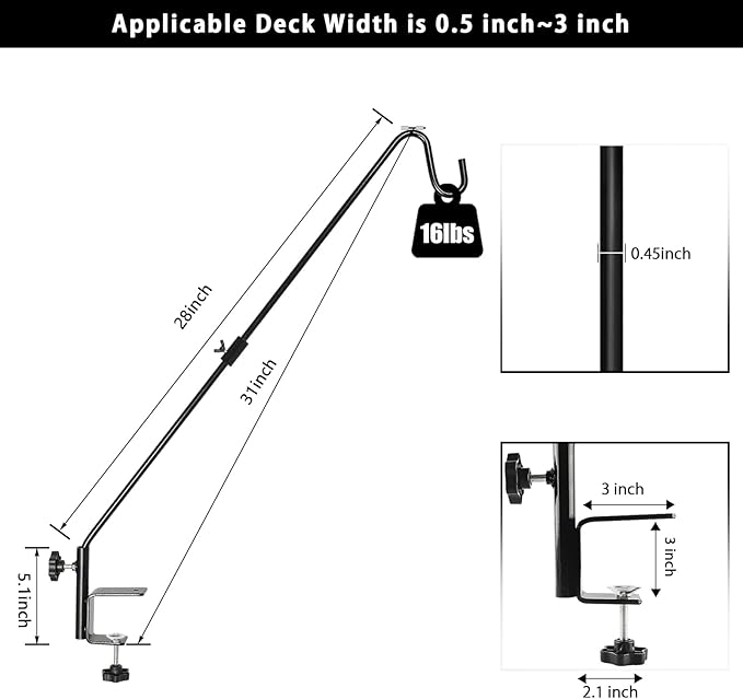 FEED GARDEN 31 Inch Heavy Duty Deck Hook, Non-Slip Clamp, 360 Degree Swivel, Black for Bird Feeders, Planters, Suet Baskets, Lanterns, Wind Chimes, 2 Pack